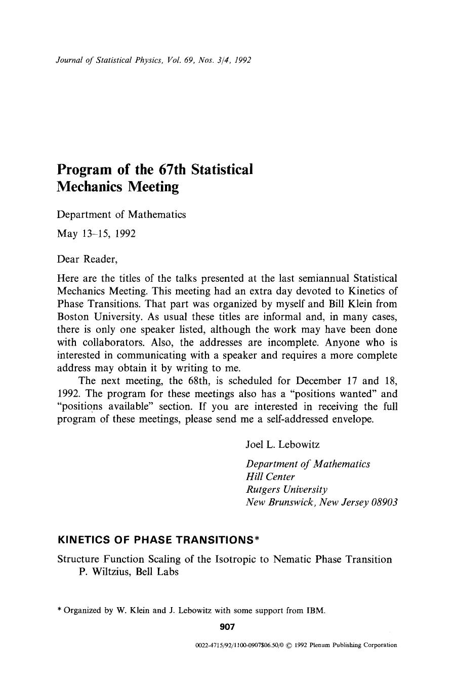 Book review: Program of the 67th Statistical Mechanics Meeting by Unknown