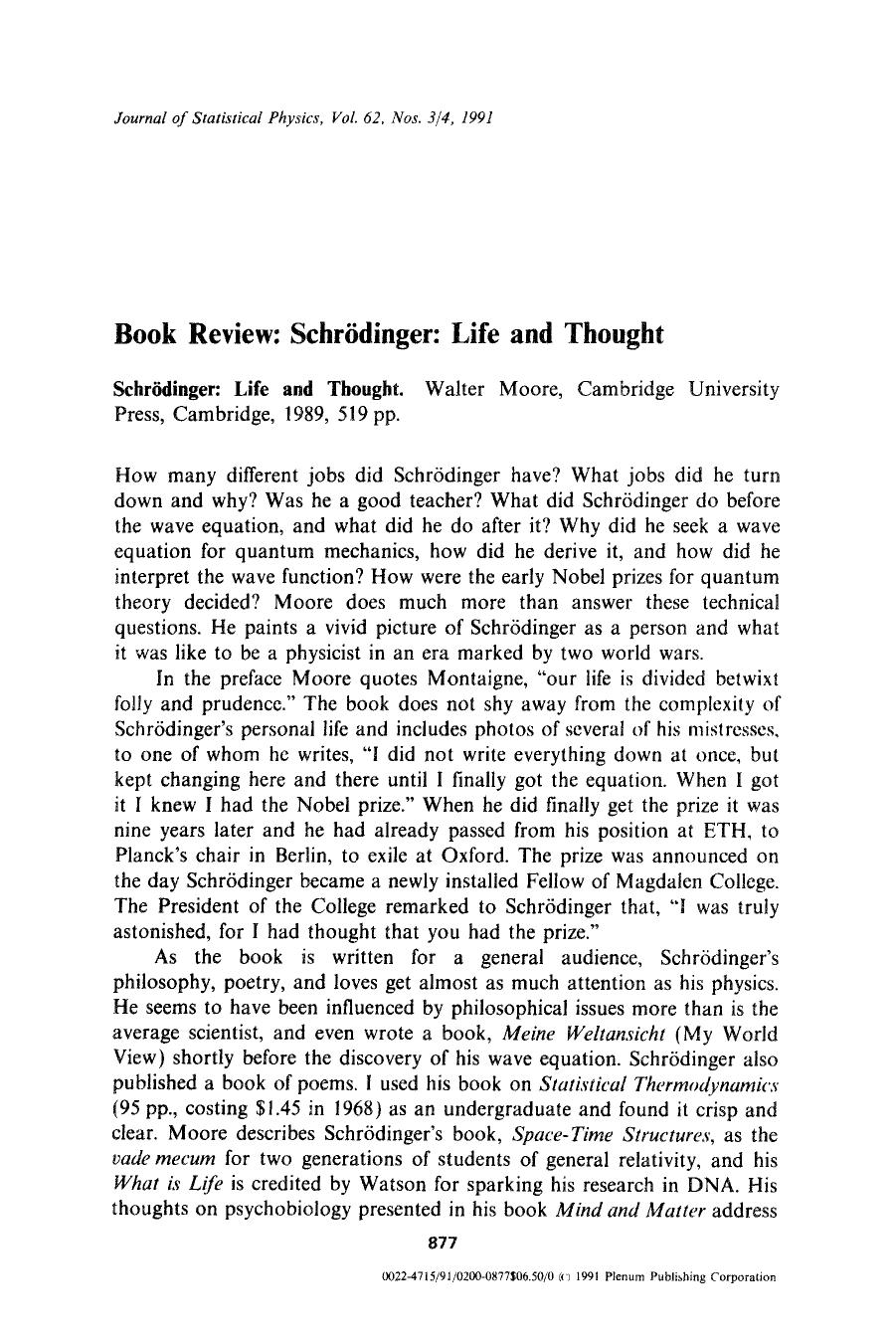 Book review: Schr&#x00F6;dinger: Life and thought by Unknown