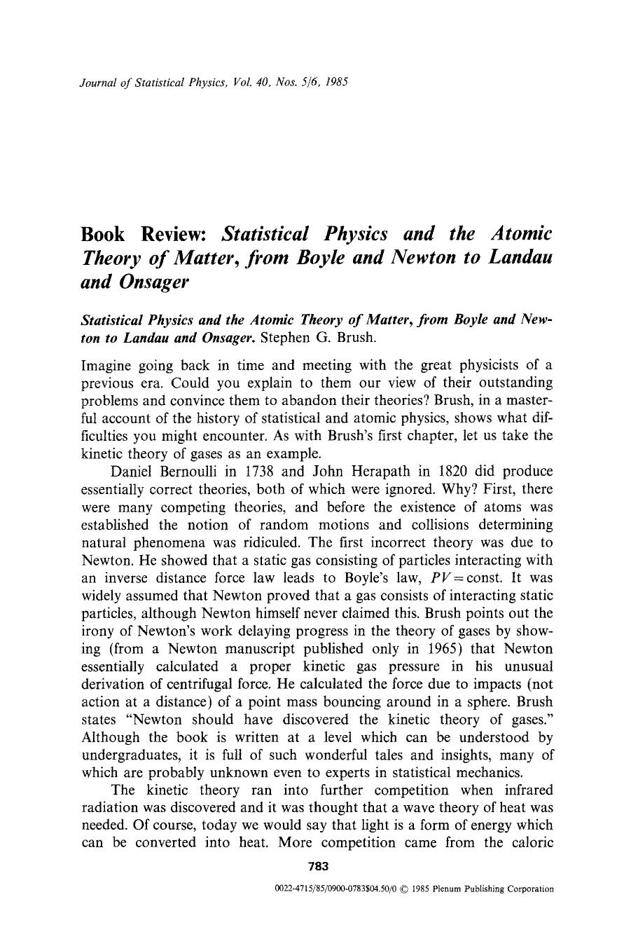 Book review: Statistical physics and the atomic theory of matter, from Boyle and Newton to Landau and Onsager by Unknown