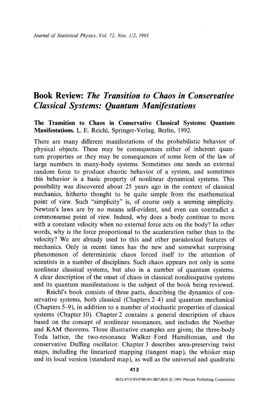 Book review: The transition to chaos in conservative classical systems: Quantum manifestations by Unknown