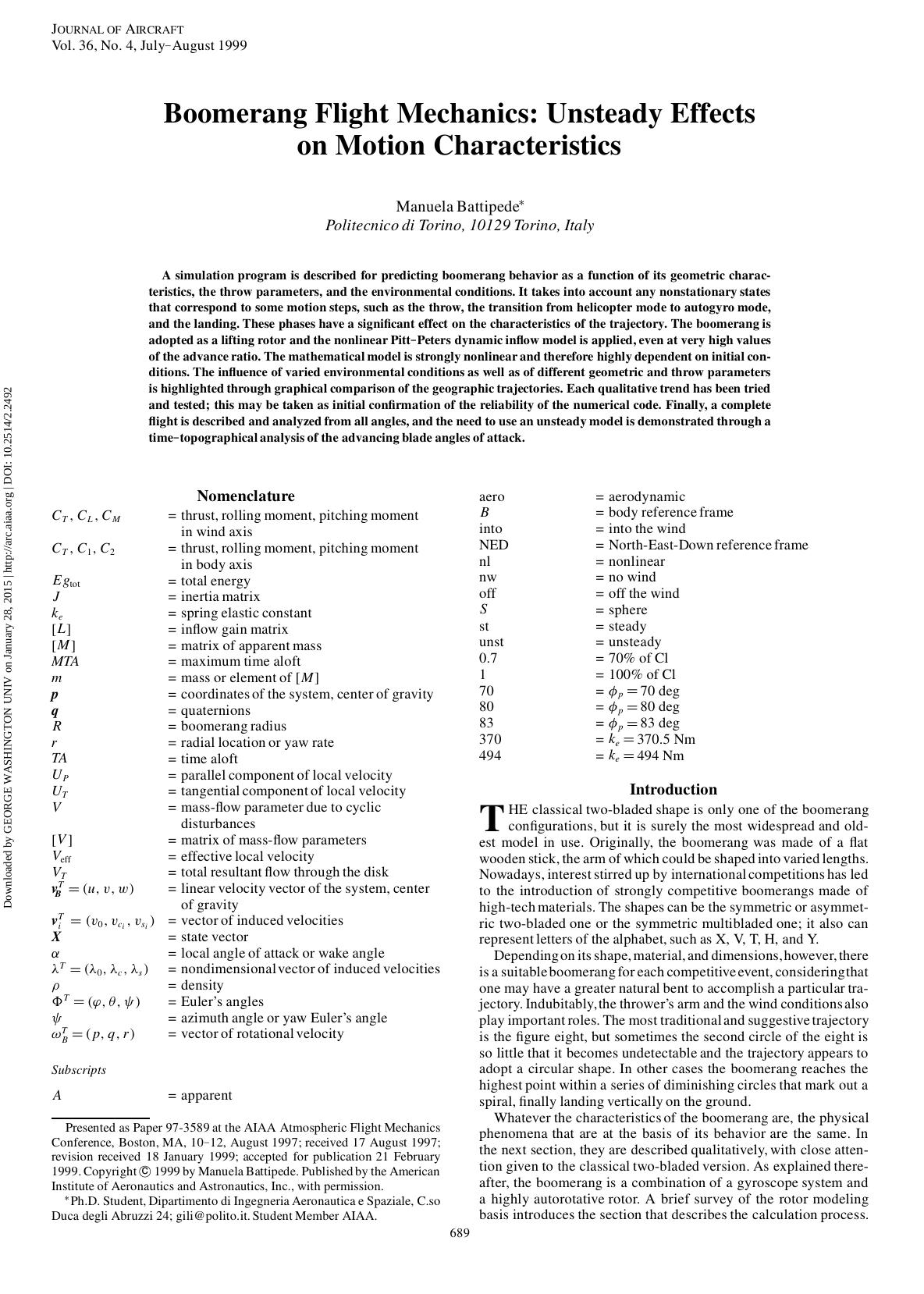 Boomerang Flight Mechanics: Unsteady Effects on Motion Characteristics by Manuela Battipede