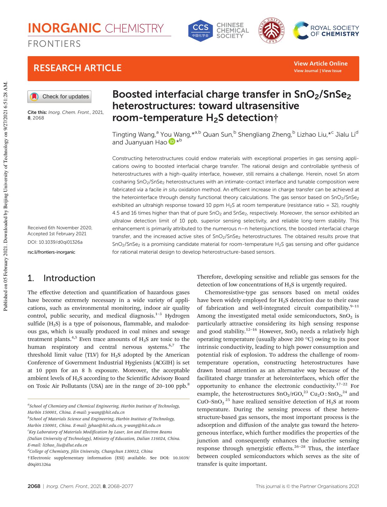 Boosted interfacial charge transfer in SnO2SnSe2 heterostructures: toward ultrasensitive room-temperature H2S detection by Tingting Wang You Wang Quan Sun Shengliang Zheng Lizhao Liu Jialu Li Juanyuan Hao