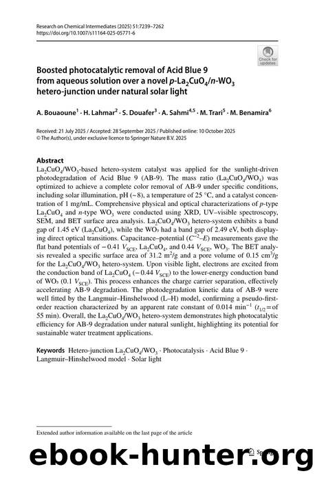 Boosted photocatalytic removal of Acid Blue 9 from aqueous solution over a novel p-La2CuO4n-WO3 hetero-junction under natural solar light by A. Bouaoune & H. Lahmar & S. Douafer & A. Sahmi & M. Trari & M. Benamira