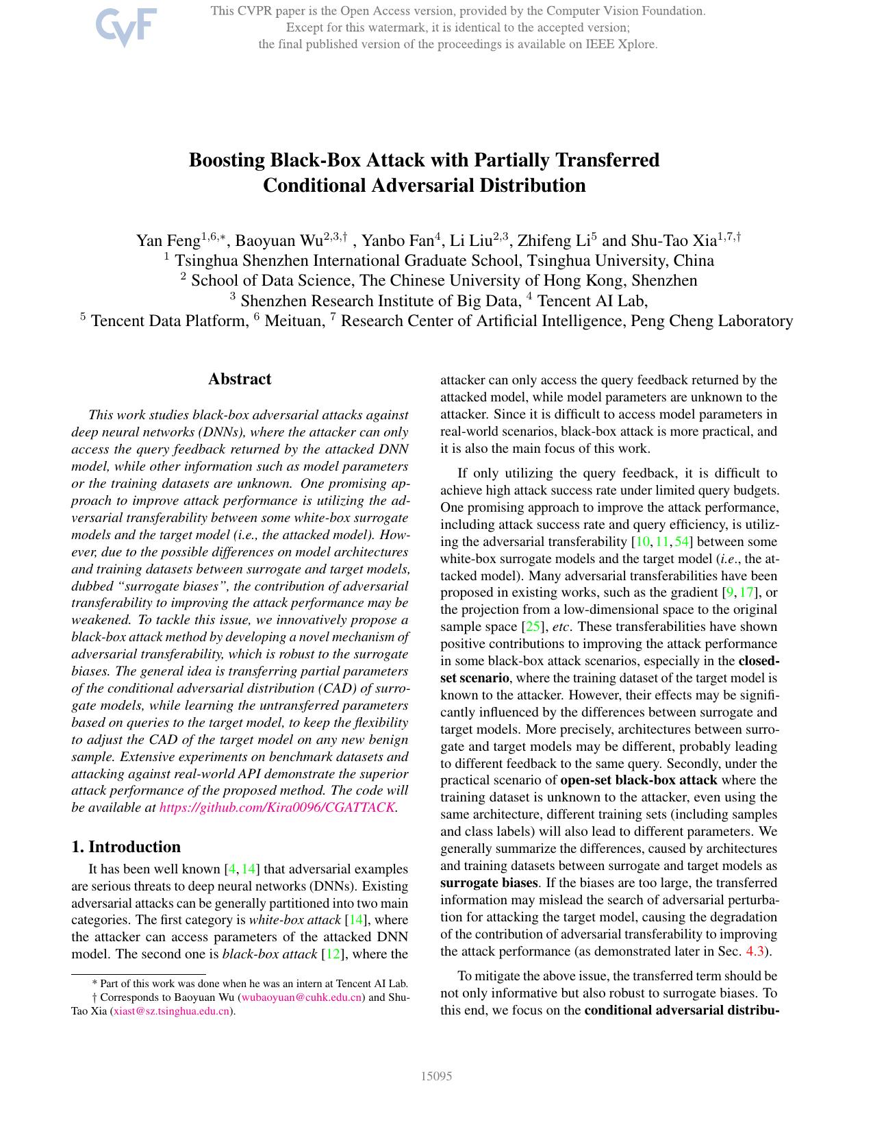 Boosting Black-Box Attack With Partially Transferred Conditional Adversarial Distribution by Yan Feng & Baoyuan Wu & Yanbo Fan & Li Liu & Zhifeng Li & Shu-Tao Xia