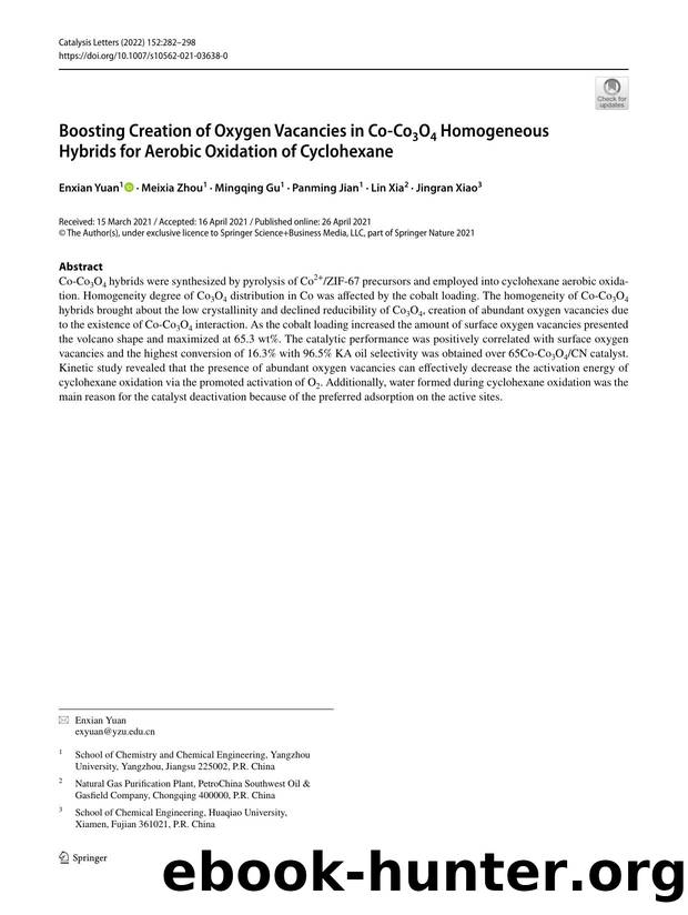Boosting Creation of Oxygen Vacancies in Co-Co3O4 Homogeneous Hybrids for Aerobic Oxidation of Cyclohexane by Enxian Yuan & Meixia Zhou & Mingqing Gu & Panming Jian & Lin Xia & Jingran Xiao