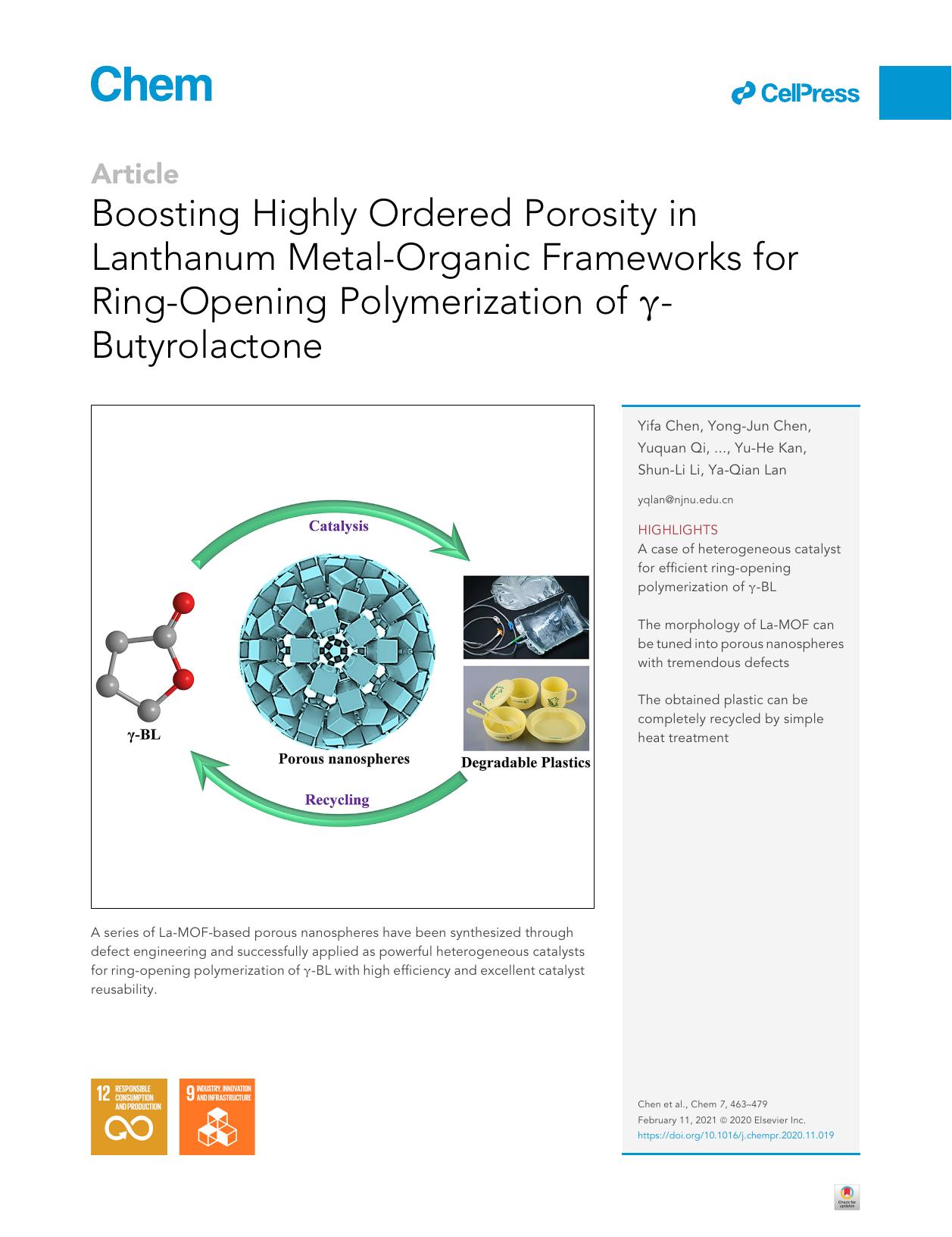 Boosting Highly Ordered Porosity in Lanthanum Metal-Organic Frameworks for Ring-Opening Polymerization of &gamma;-Butyrolactone by unknow