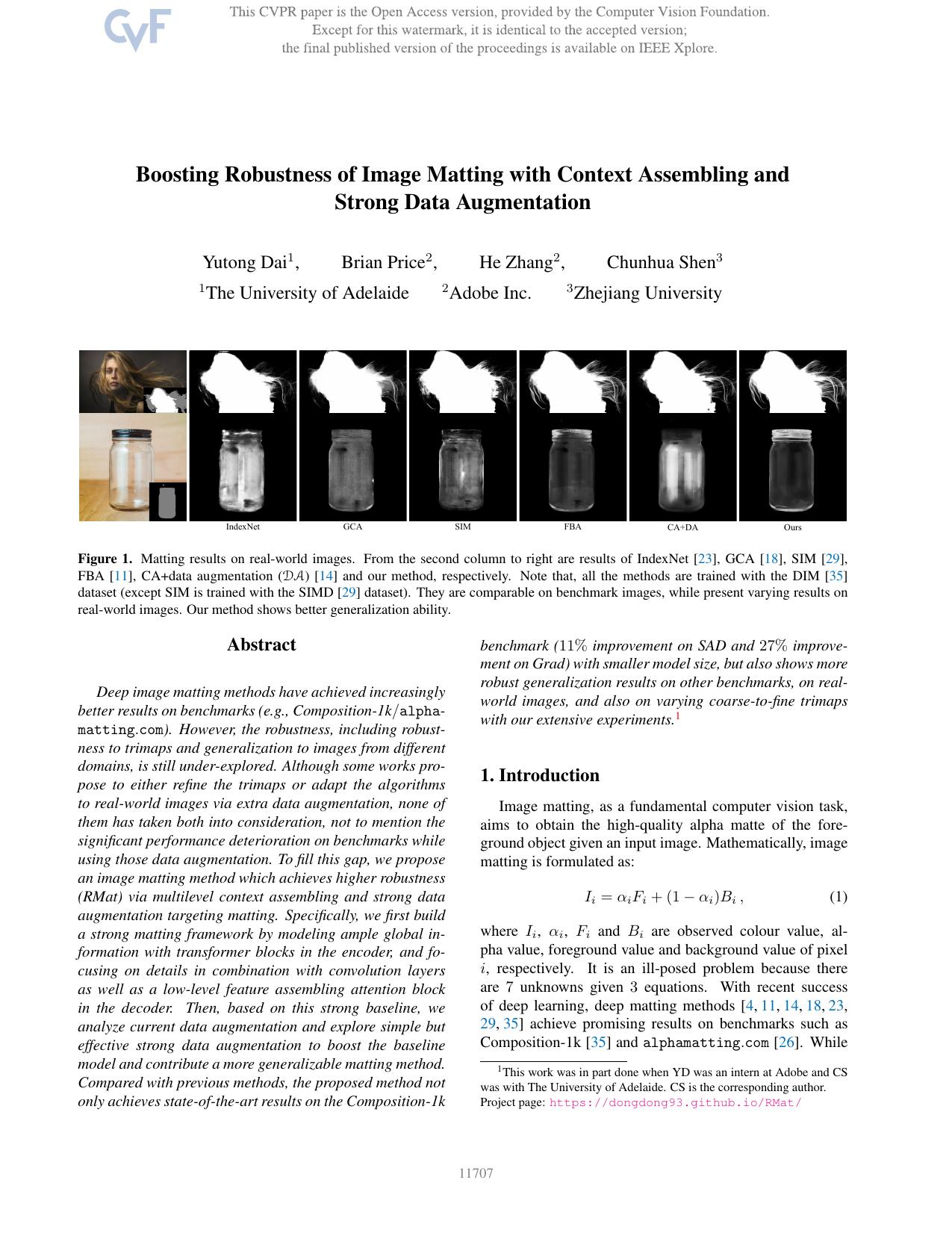 Boosting Robustness of Image Matting With Context Assembling and Strong Data Augmentation by Yutong Dai & Brian Price & He Zhang & Chunhua Shen