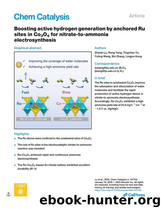 Boosting active hydrogen generation by anchored Ru sites in Co3O4 for nitrate-to-ammonia electrosynthesis by Zhaole Lu & Rong Yang & Yingchao Yu & Yuting Wang & Bin Zhang & Lingjun Kong