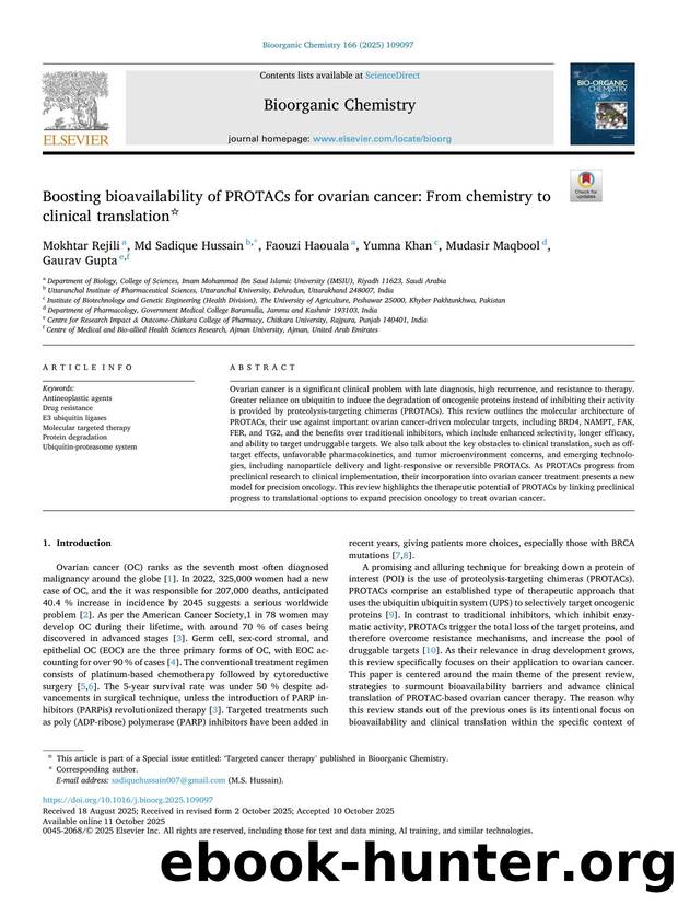 Boosting bioavailability of PROTACs for ovarian cancer: From chemistry to clinical translation by Mokhtar Rejili & Md Sadique Hussain & Faouzi Haouala & Yumna Khan & Mudasir Maqbool & Gaurav Gupta