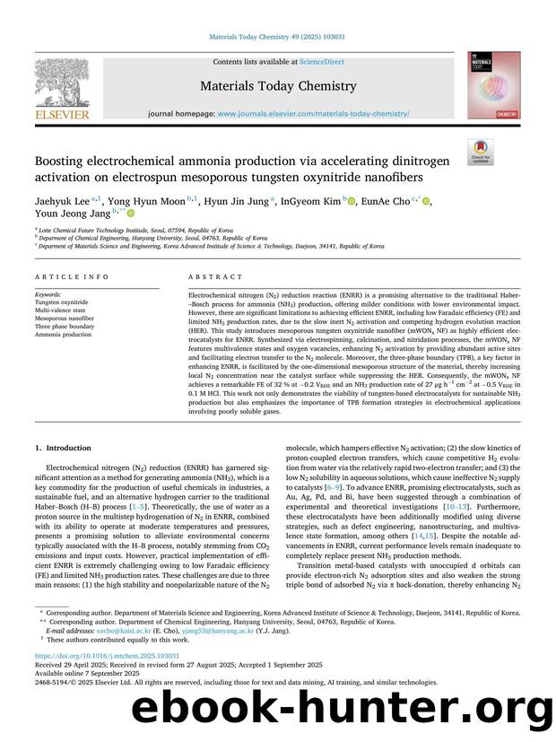 Boosting electrochemical ammonia production via accelerating dinitrogen activation on electrospun mesoporous tungsten oxynitride nanofibers by Jaehyuk Lee & Yong Hyun Moon & Hyun Jin Jung & InGyeom Kim & EunAe Cho & Youn Jeong Jang