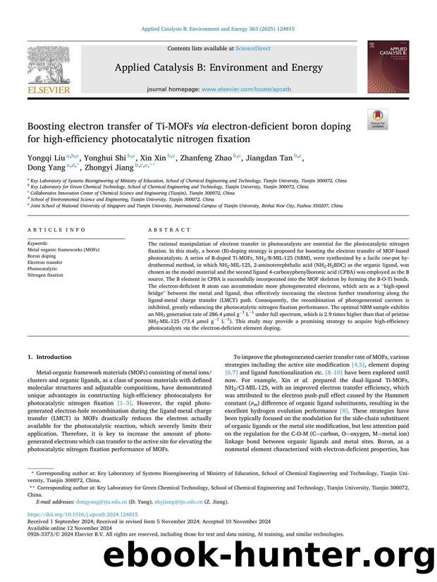 Boosting electron transfer of Ti-MOFs via electron-deficient boron doping for high-efficiency photocatalytic nitrogen fixation by Yongqi Liu & Yonghui Shi & Xin Xin & Zhanfeng Zhao & Jiangdan Tan & Dong Yang & Zhongyi Jiang