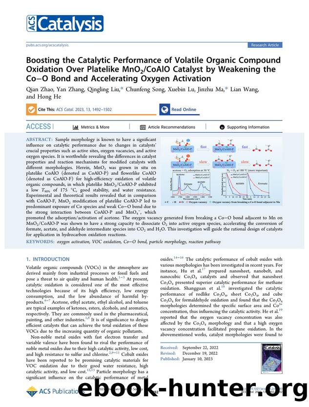 Boosting the Catalytic Performance of Volatile Organic Compound Oxidation Over Platelike MnO2CoAlO Catalyst by Weakening the CoâO Bond and Accelerating Oxygen Activation by Qian Zhao Yan Zhang Qingling Liu Chunfeng Song Xuebin Lu Jinzhu Ma Lian Wang and Hong He