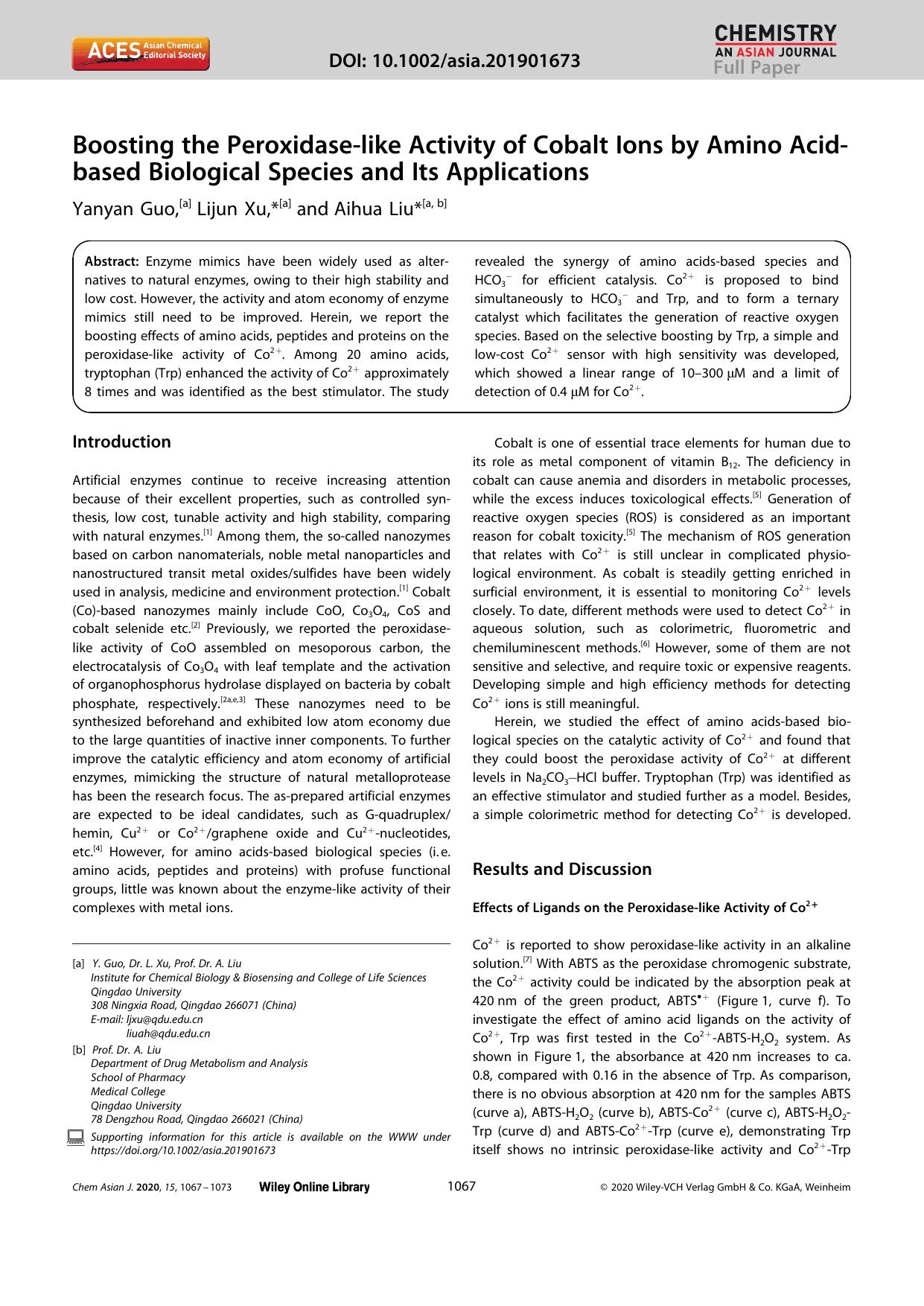 Boosting the Peroxidaseâlike Activity of Cobalt Ions by Amino Acidâbased Biological Species and Its Applications by Unknown