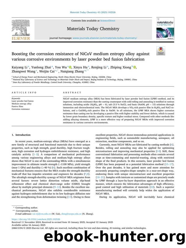 Boosting the corrosion resistance of NiCoV medium entropy alloy against various corrosive environments by laser powder bed fusion fabrication by unknow