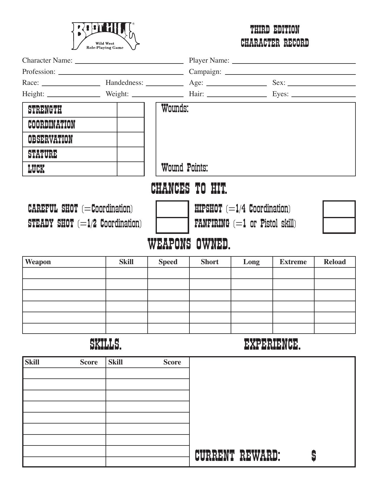Boot Hill Third Edition Character Sheet 1.5 by Patrick Murphy & a Mad Irishman Production (www.mad-irishman.net)