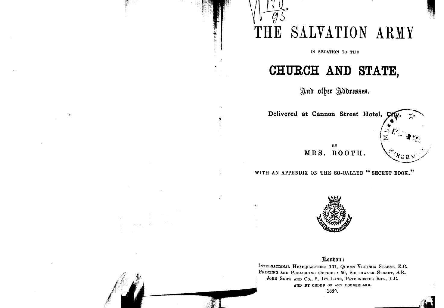 Booth, BY MRS. Booth - The salvation army in relation to the church and state by 1889