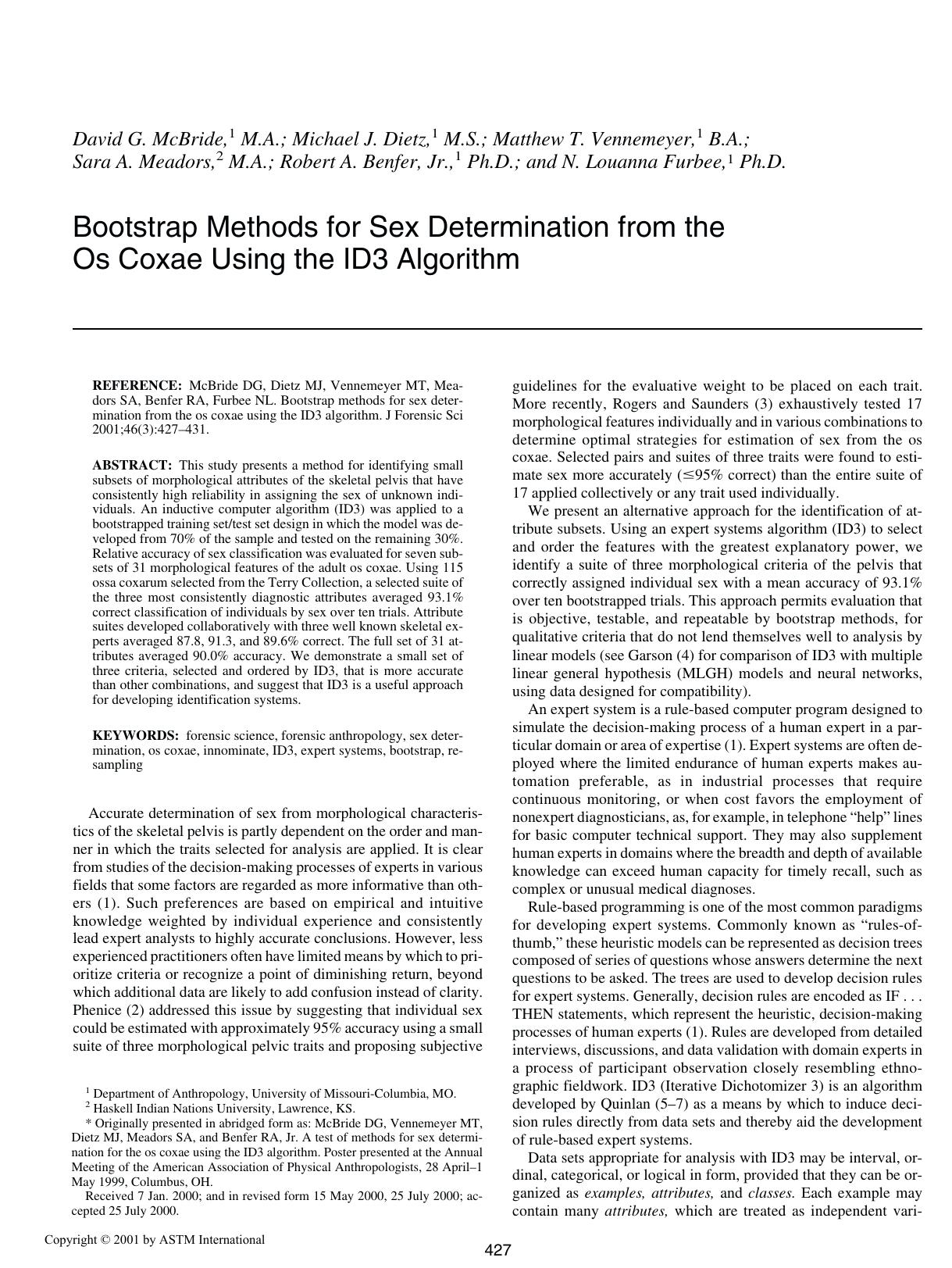 Bootstrap methods for sex determination from the Os coxae using the ID3 algorithm by McBride DG Dietz MJ Vennemeyer MT Meadors SA Benfer RA Furbee NL