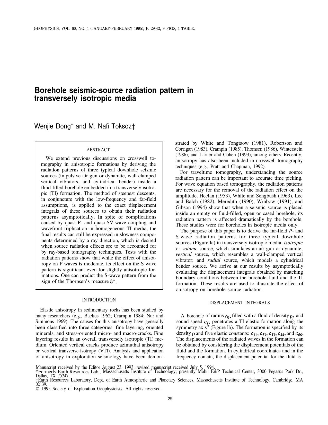 Borehole seismic source radiation pattern in transversely isotropic media by W. Dong M. N. Toksoz