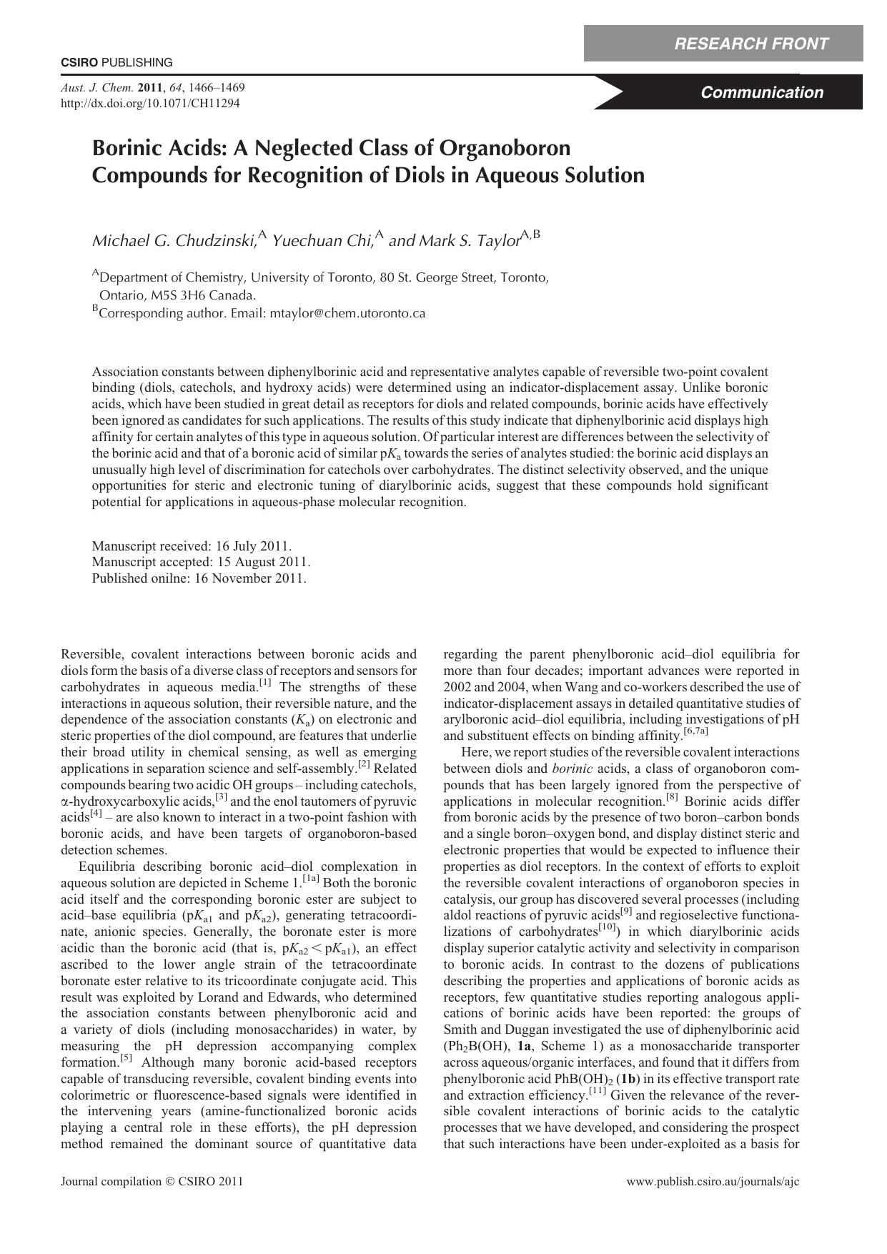 Borinic Acids: A Neglected Class of Organoboron Compounds for Recognition of Diols in Aqueous Solution by M. G. Chudzinski Y. Chi and M. S. Taylor