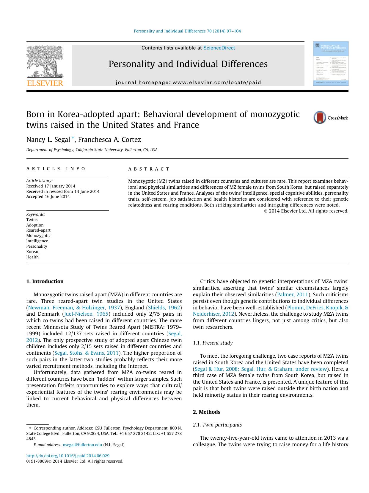 Born in Korea-adopted apart: Behavioral development of monozygotic twins raised in the United States and France by Nancy L. Segal & Franchesca A. Cortez