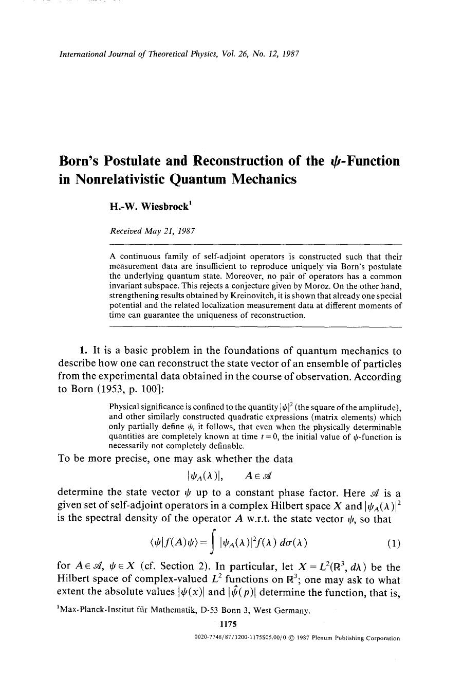 Born's postulate and reconstruction of the <Emphasis Type="Italic">&#x03C8; <Emphasis>-function in nonrelativistic quantum mechanics by Unknown