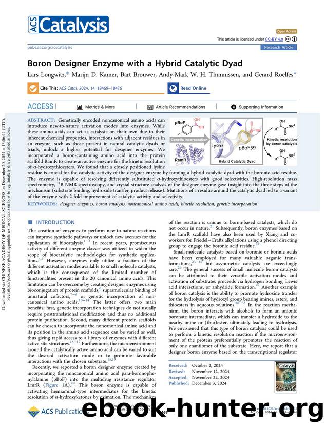 Boron Designer Enzyme with a Hybrid Catalytic Dyad by Lars Longwitz Marijn D. Kamer Bart Brouwer Andy-Mark W. H. Thunnissen & Gerard Roelfes