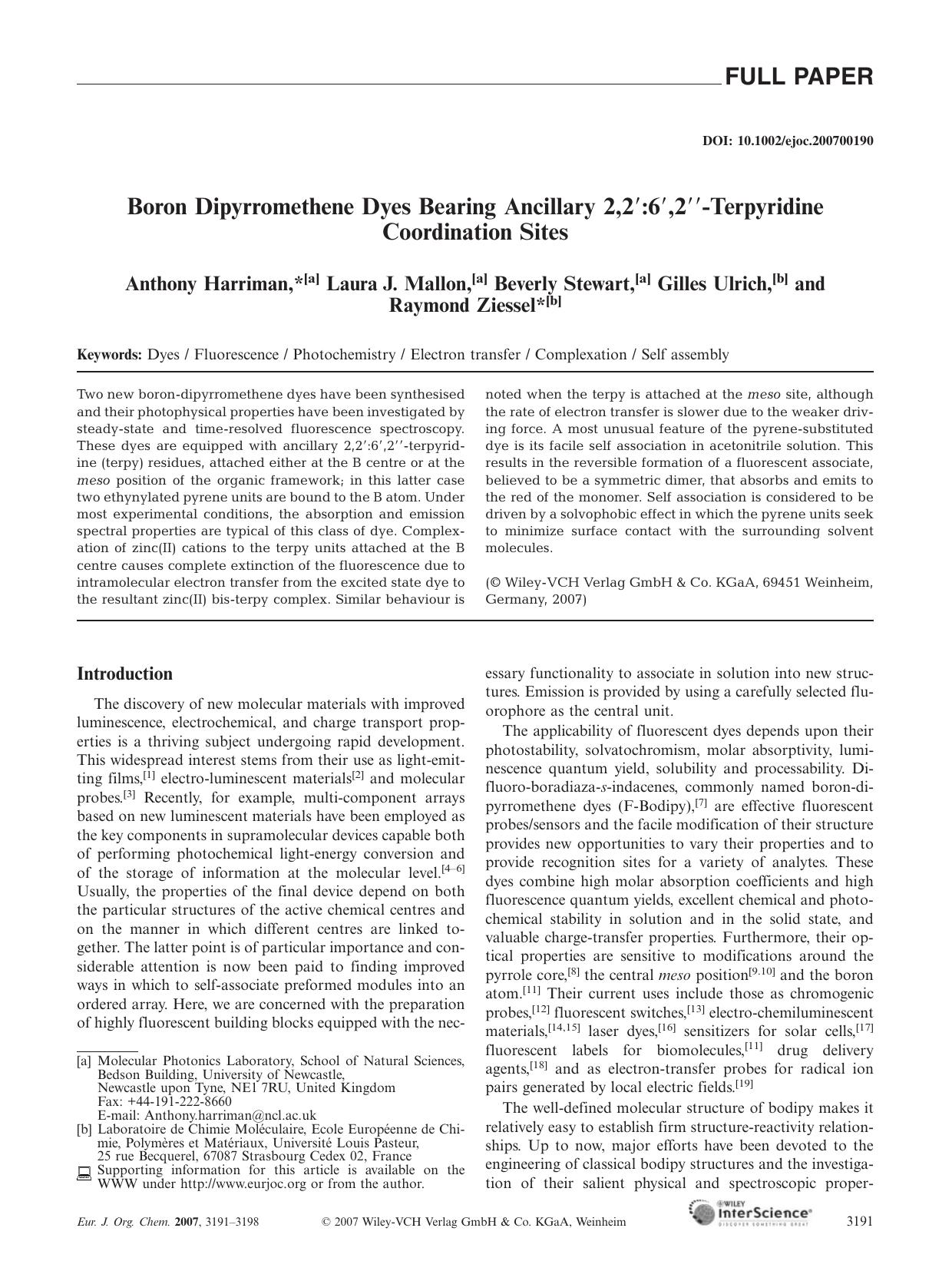 Boron Dipyrromethene Dyes Bearing Ancillary 2,2[prime]:6[prime],2[Prime]-Terpyridine Coordination Sites by Unknown