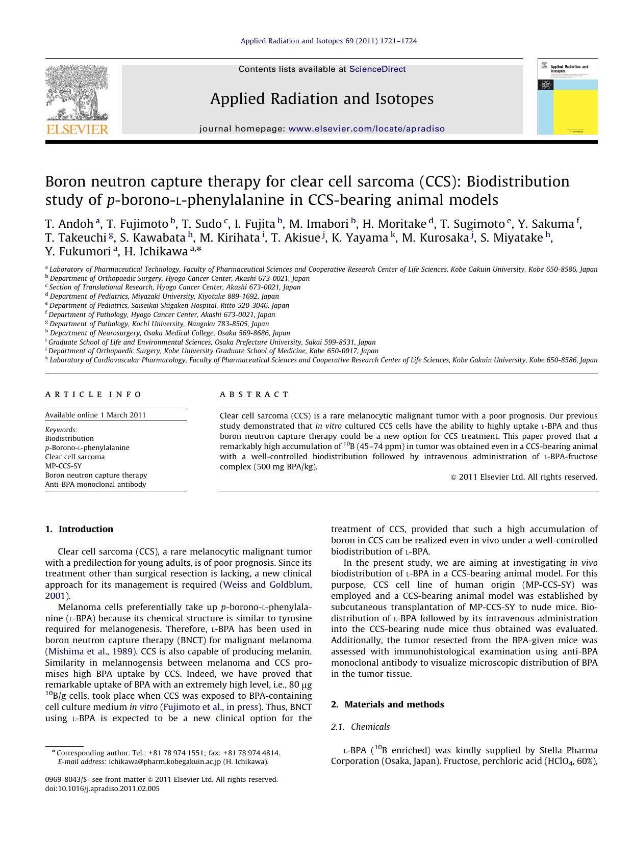 Boron neutron capture therapy for clear cell sarcoma (CCS) Biodistribution study of p-borono-l-phenylalanine in CCS-bearing animal models by unknow
