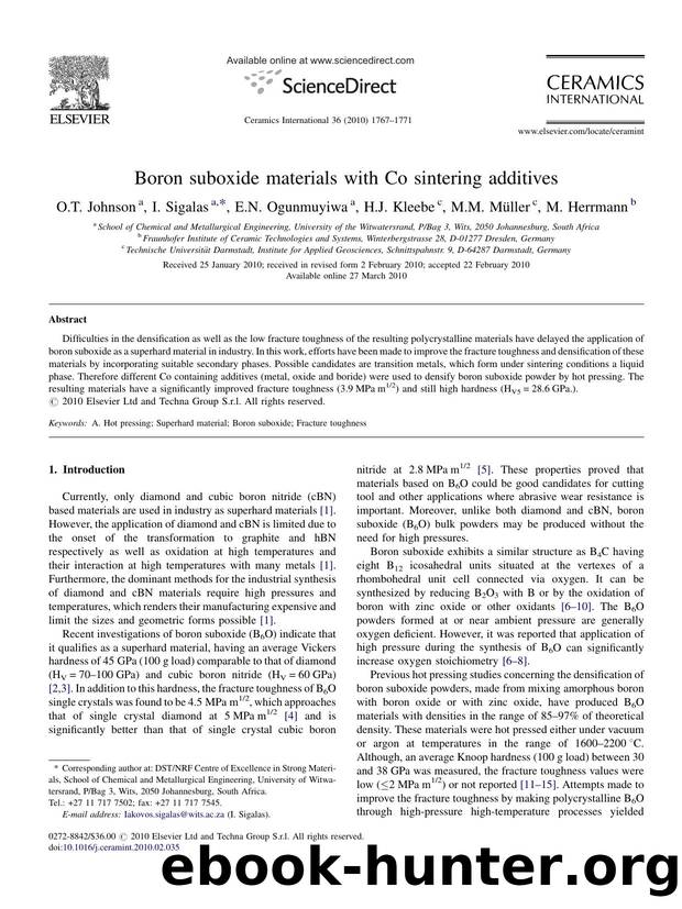 Boron suboxide materials with Co sintering additives by O.T. Johnson; I. Sigalas; E.N. Ogunmuyiwa; H.J. Kleebe; M.M. MÃ¼ller; M. Herrmann
