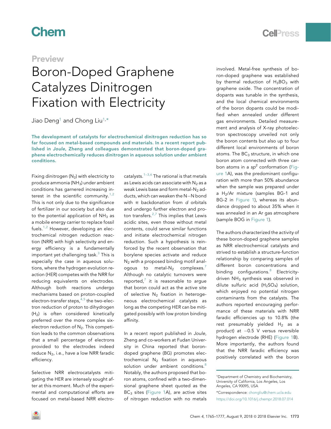 Boron-Doped Graphene Catalyzes Dinitrogen Fixation with Electricity by Jiao Deng & Chong Liu