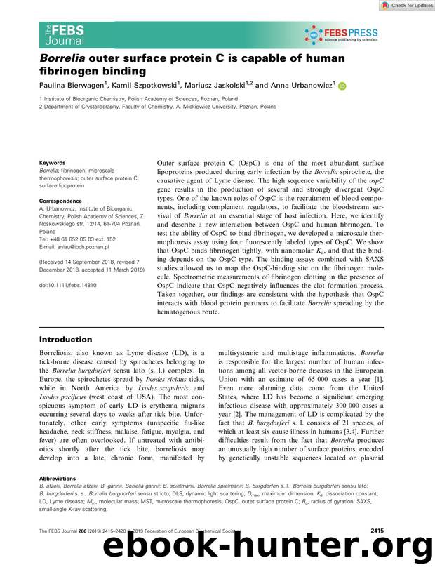Borrelia outer surface protein C is capable of human fibrinogen binding by Unknown