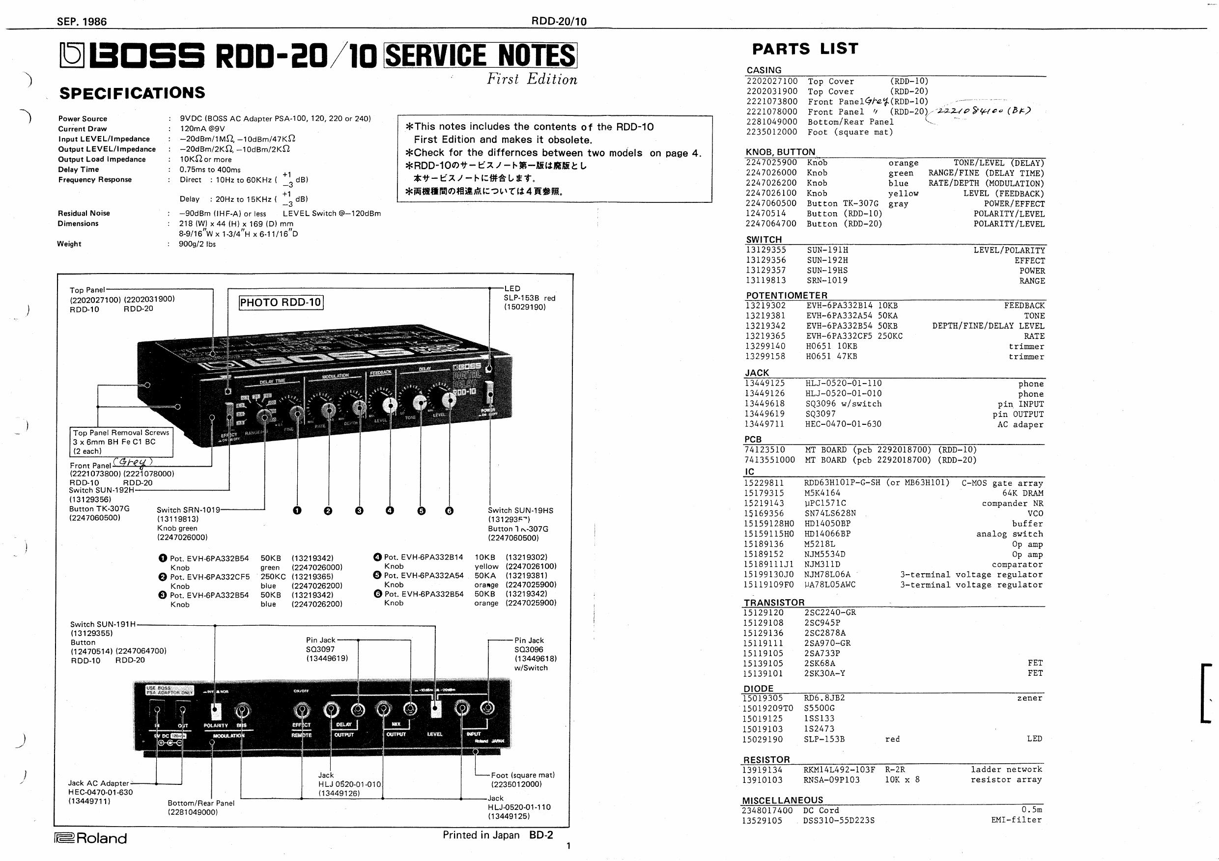 Boss RDD-10, RDD-20 Digital Delay Service Manual by Unknown