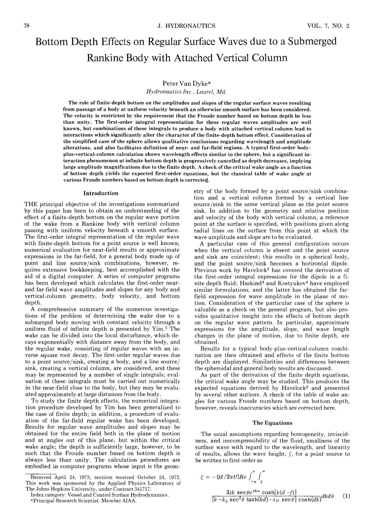 Bottom Depth Effects on Regular Surface Waves due to a Submerged Rankine Body with Attached Vertical Column by Unknown