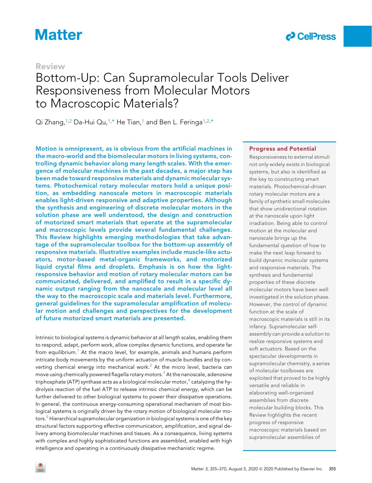 Bottom-Up: Can Supramolecular Tools Deliver Responsiveness from Molecular Motors to Macroscopic Materials? by Qi Zhang & Da-Hui Qu & He Tian & Ben L. Feringa