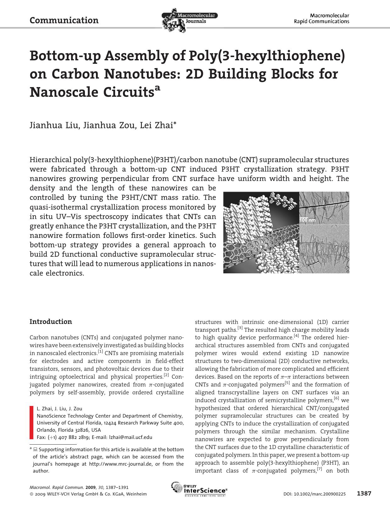 Bottom-up Assembly of Poly(3-hexylthiophene) on Carbon Nanotubes: 2D Building Blocks for Nanoscale Circuits by Unknown