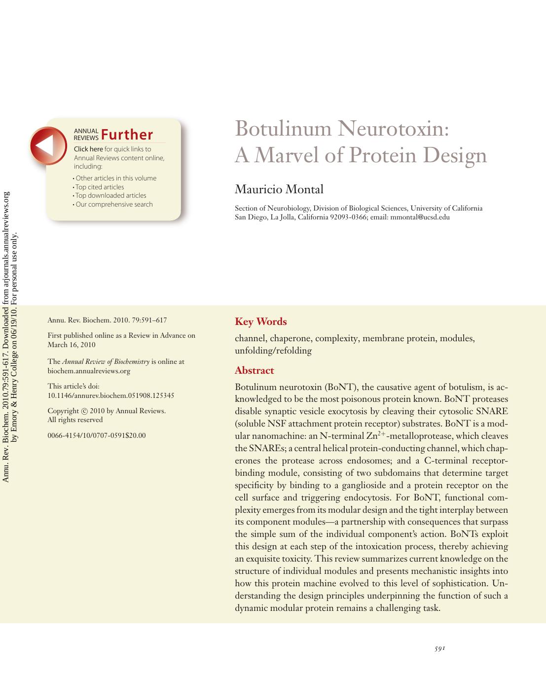 Botulinum Neurotoxin: A Marvel of Protein Design by Mauricio Montal
