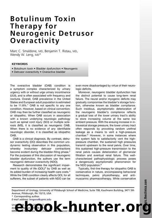 Botulinum Toxin Therapy for Neurogenic Detrusor Overactivity by Marc C. Smaldone MD & Benjamin T. Ristau MD & Wendy W. Leng MD