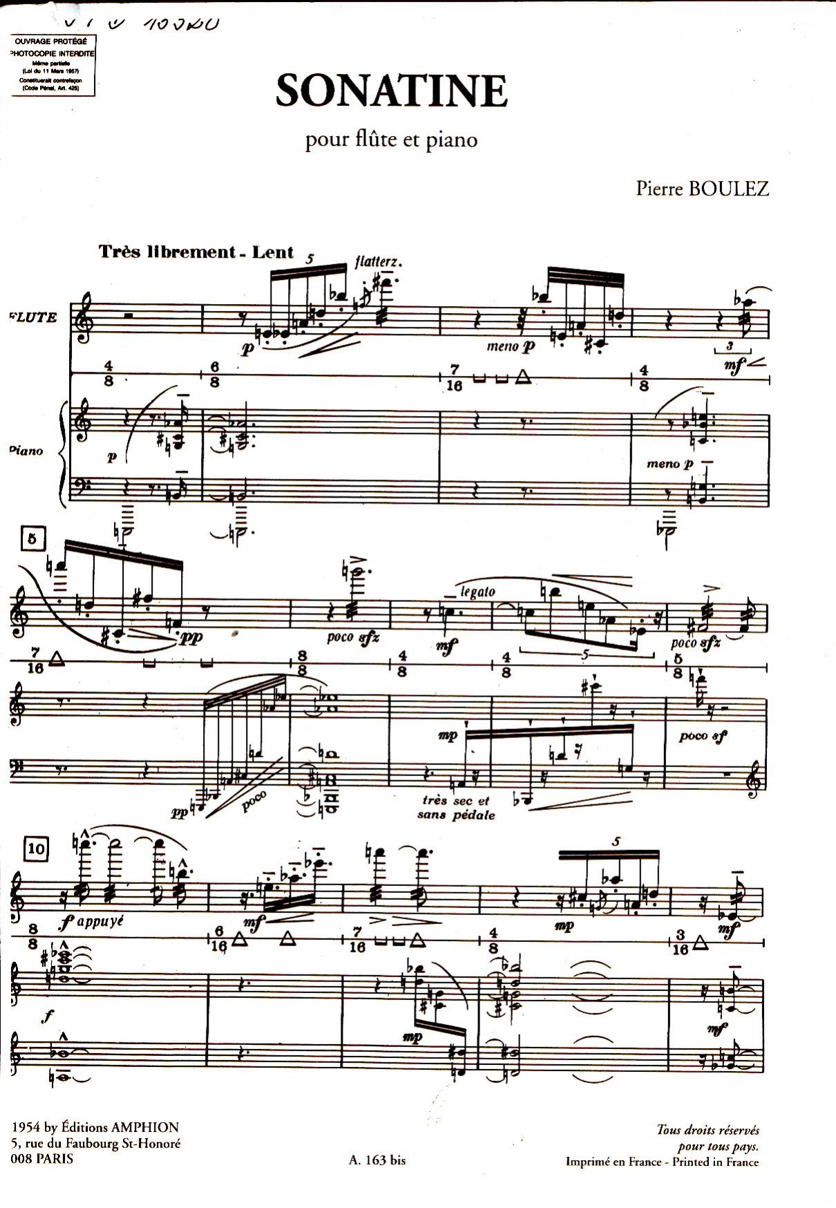 Boulez by sonatine pour flute et piano SCORE
