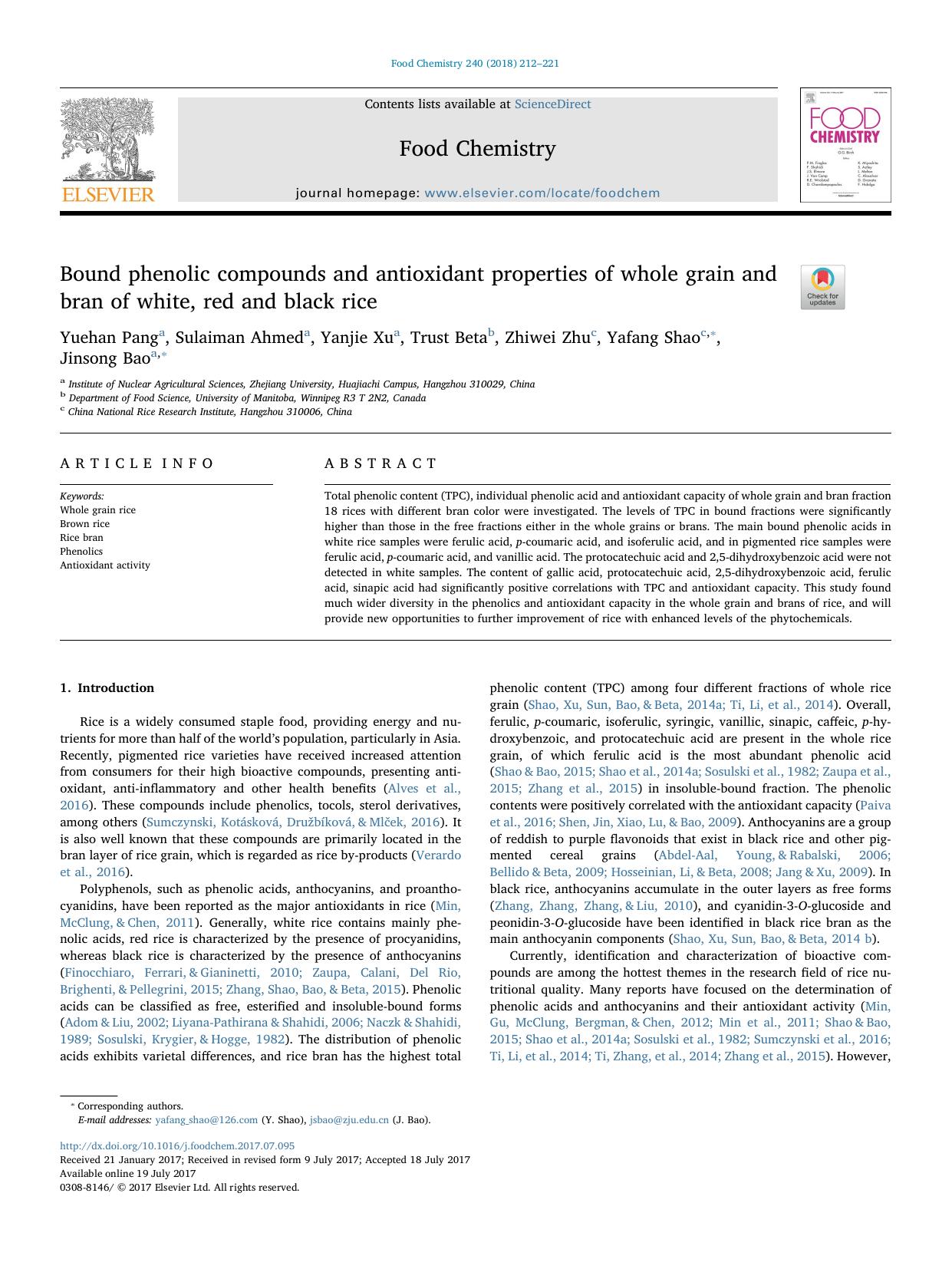Bound phenolic compounds and antioxidant properties of whole grain and bran of white, red and black rice by Yuehan Pang & Sulaiman Ahmed & Yanjie Xu & Trust Beta & Zhiwei Zhu & Yafang Shao & Jinsong Bao