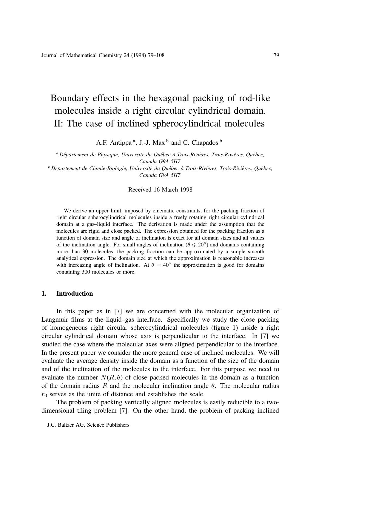 Boundary effects in the hexagonal packing of rod-like molecules inside a right circular cylindrical domain. II: The case of inclined spherocylindrical molecules by Unknown