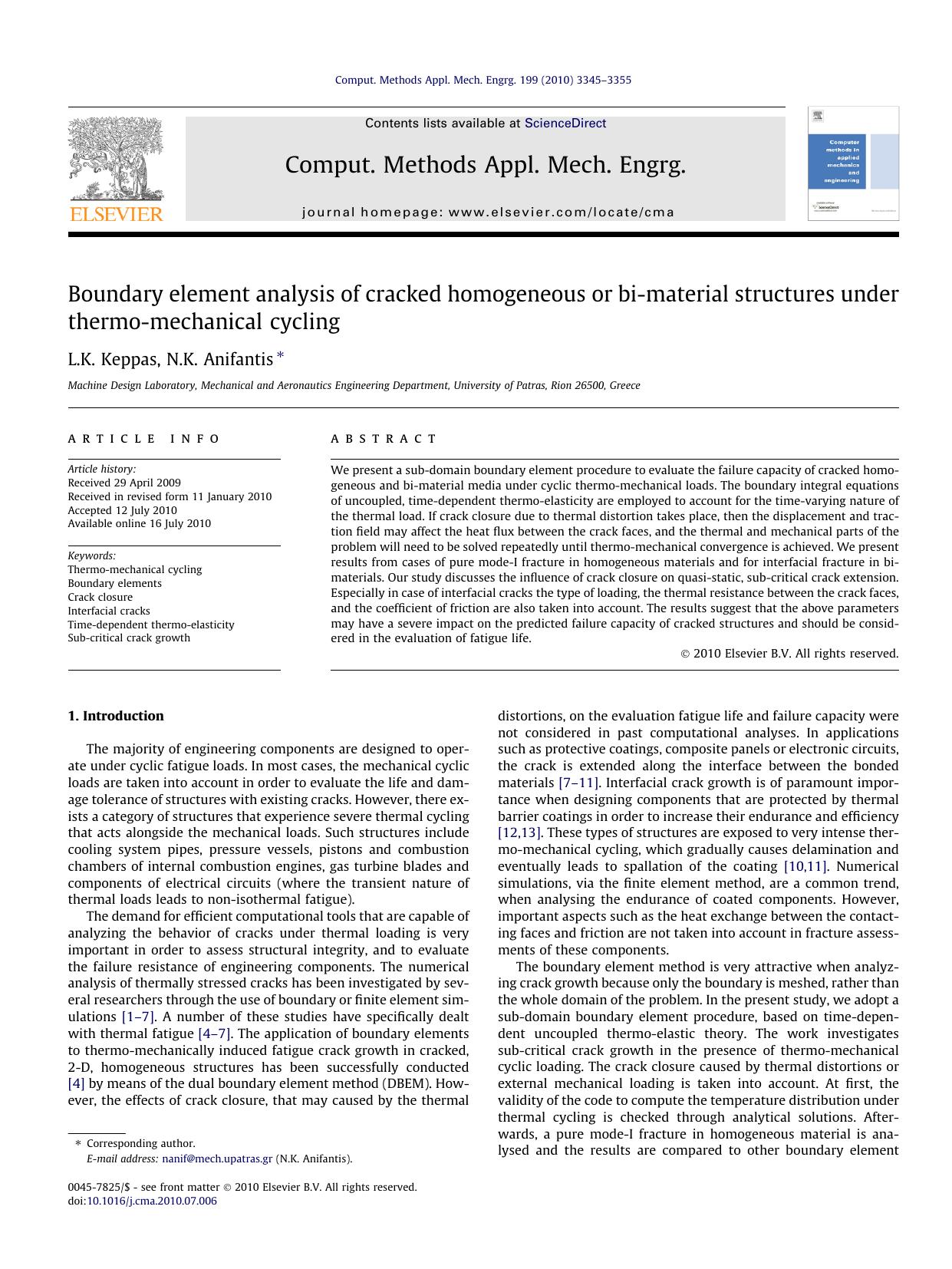 Boundary element analysis of cracked homogeneous or bi-material structures under thermo-mechanical cycling by L.K. Keppas & N.K. Anifantis