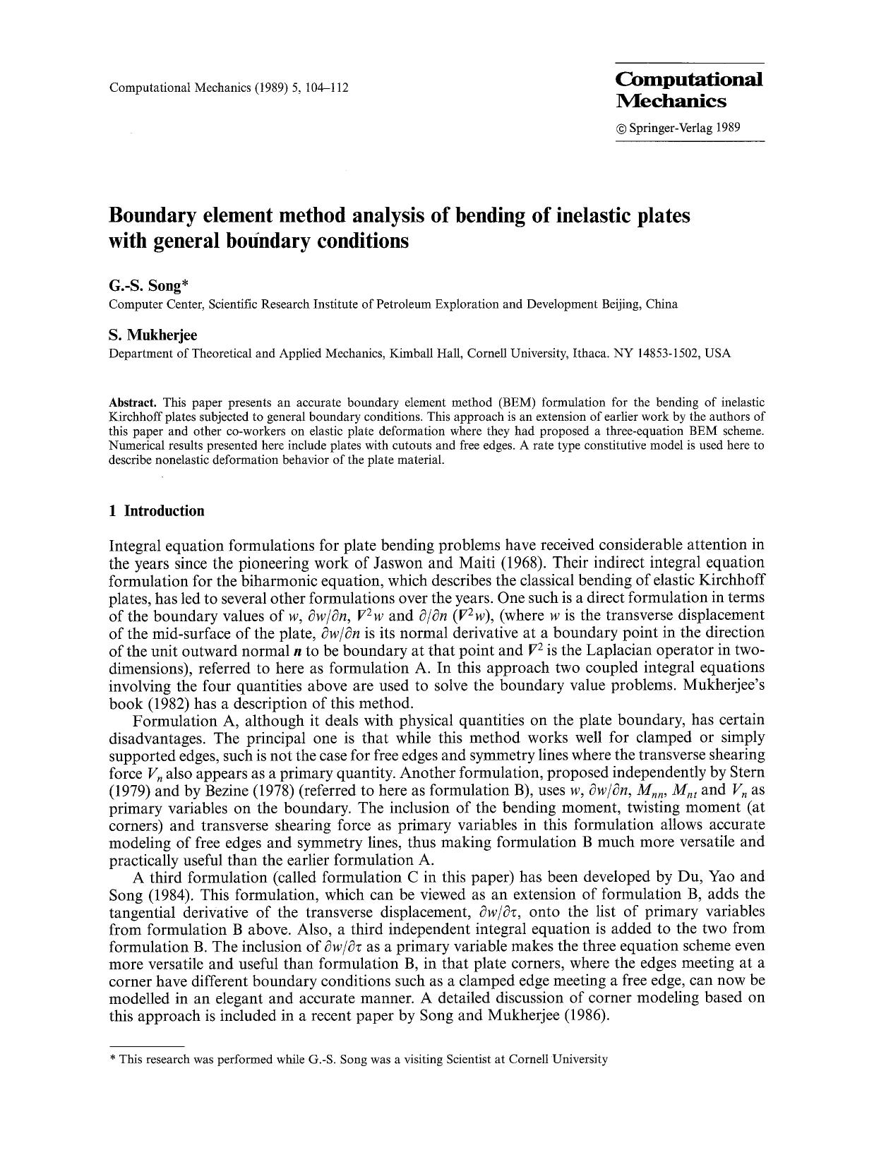 Boundary element method analysis of bending of inelastic plates with general boundary conditions by Unknown