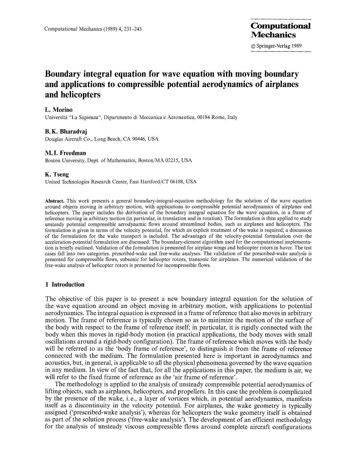 Boundary integral equation for wave equation with moving boundary and applications to compressible potential aerodynamics of airplanes and helicopters by Unknown