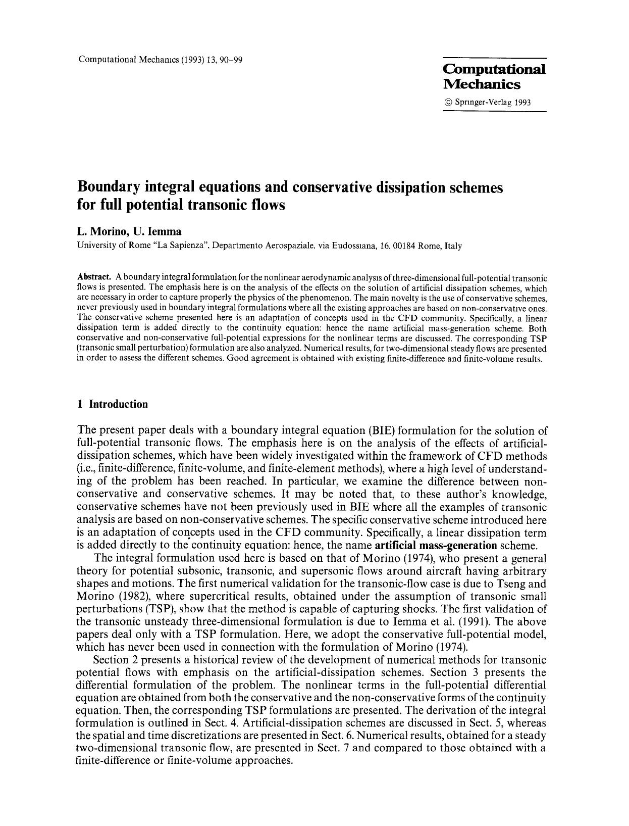 Boundary integral equations and conservative dissipation schemes for full potential transonic flows by Unknown