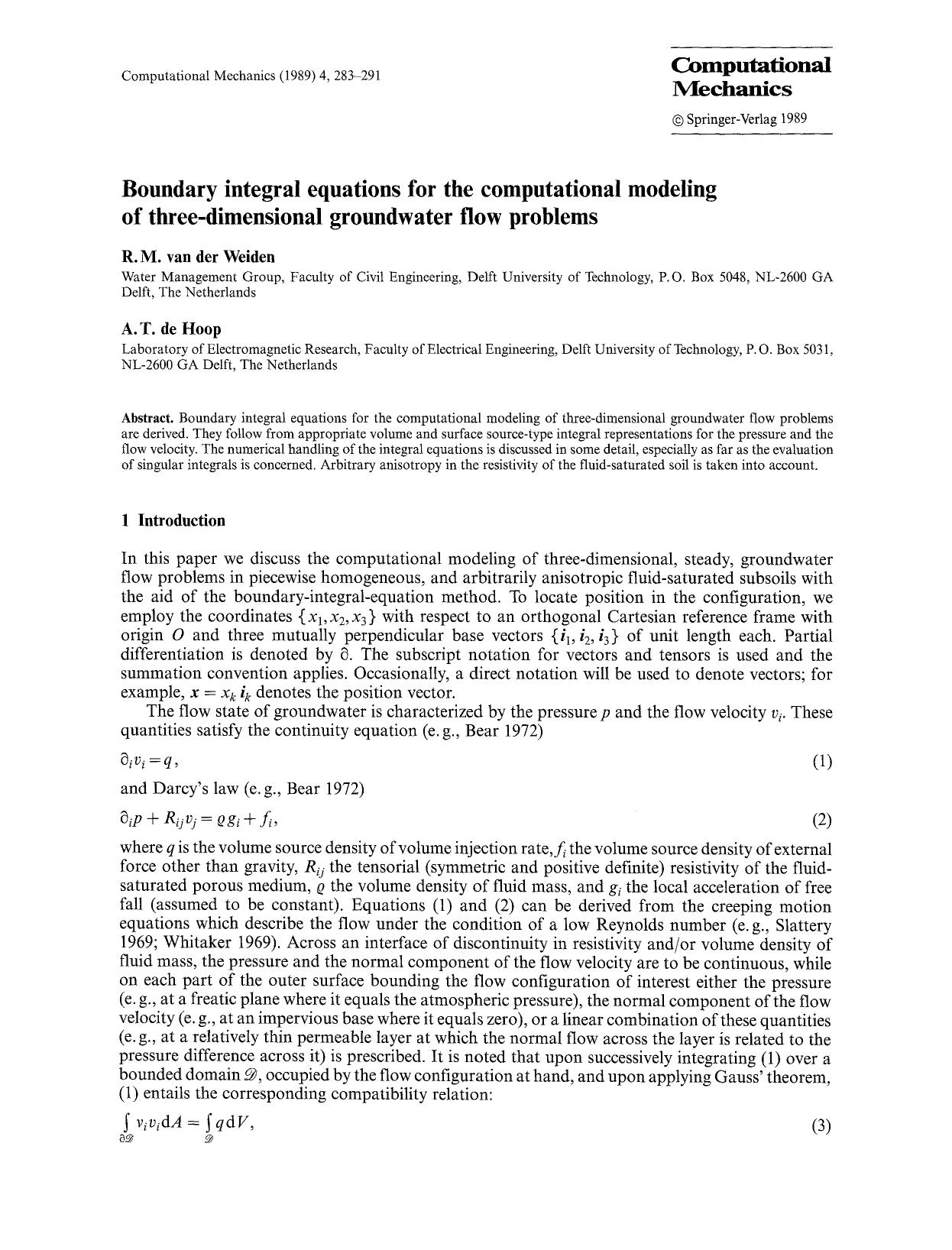 Boundary integral equations for the computational modeling of three-dimensional groundwater flow problems by Unknown