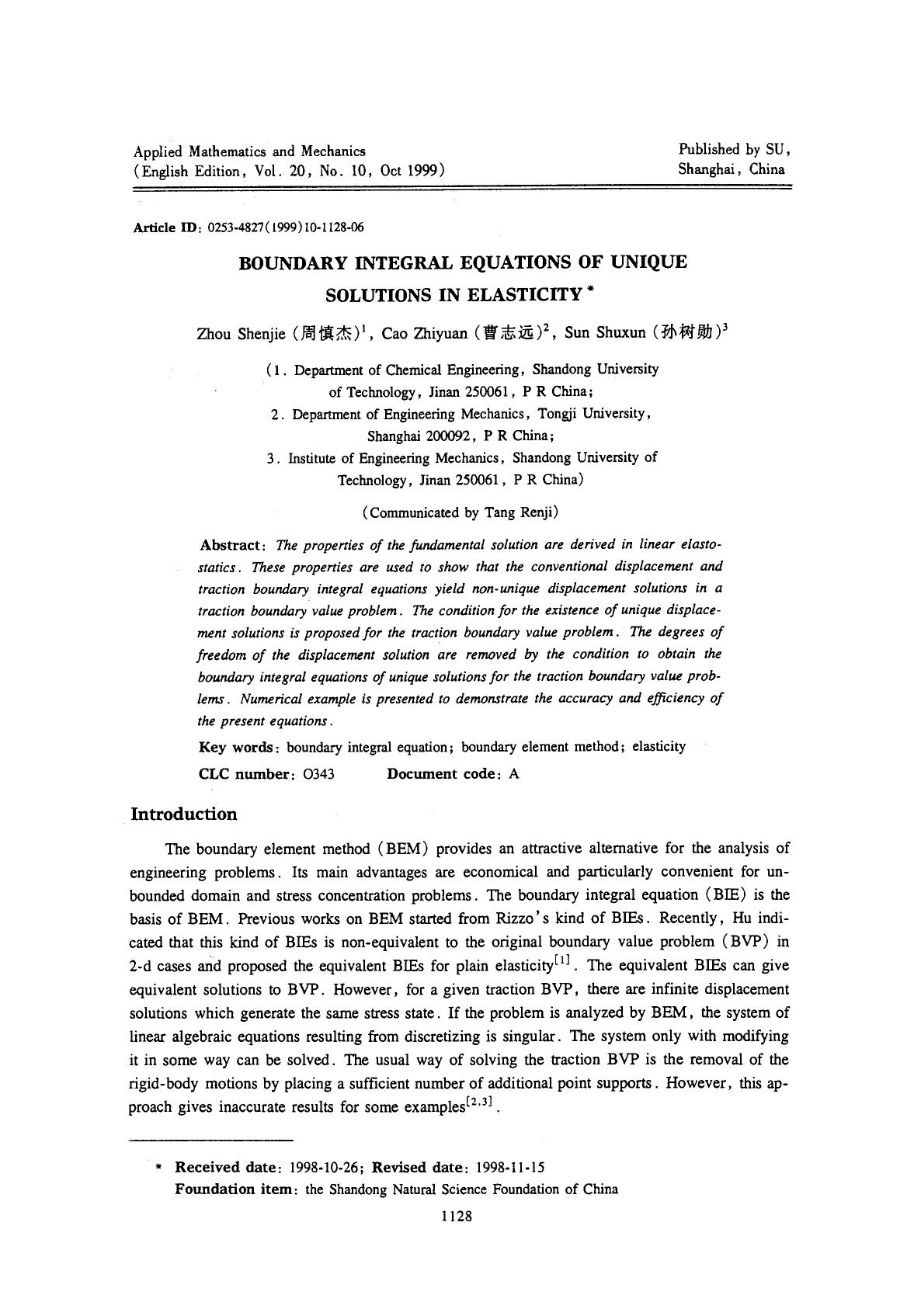 Boundary integral equations of unique solutions in elasticity by Unknown