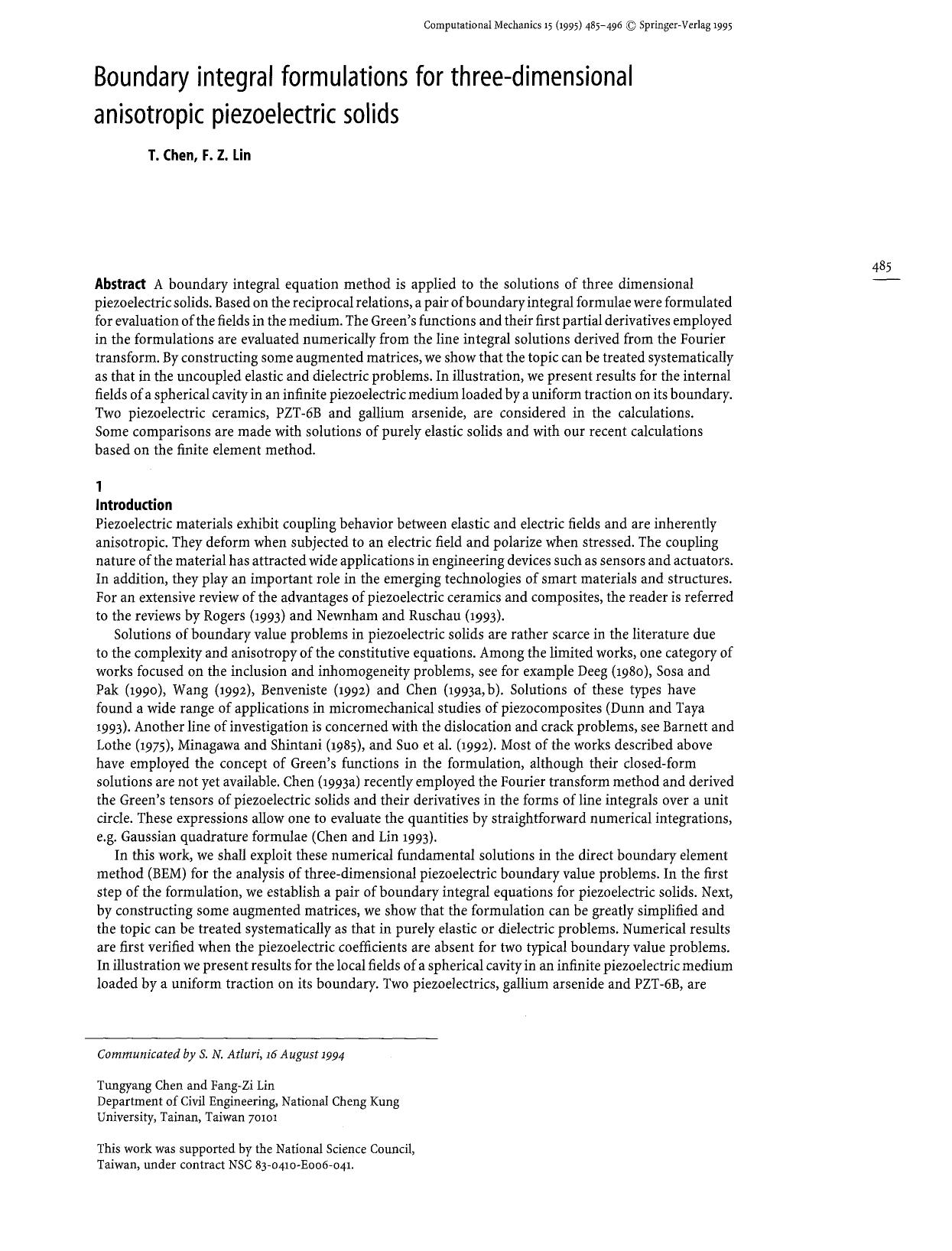Boundary integral formulations for three-dimensional anisotropic piezoelectric solids by Unknown