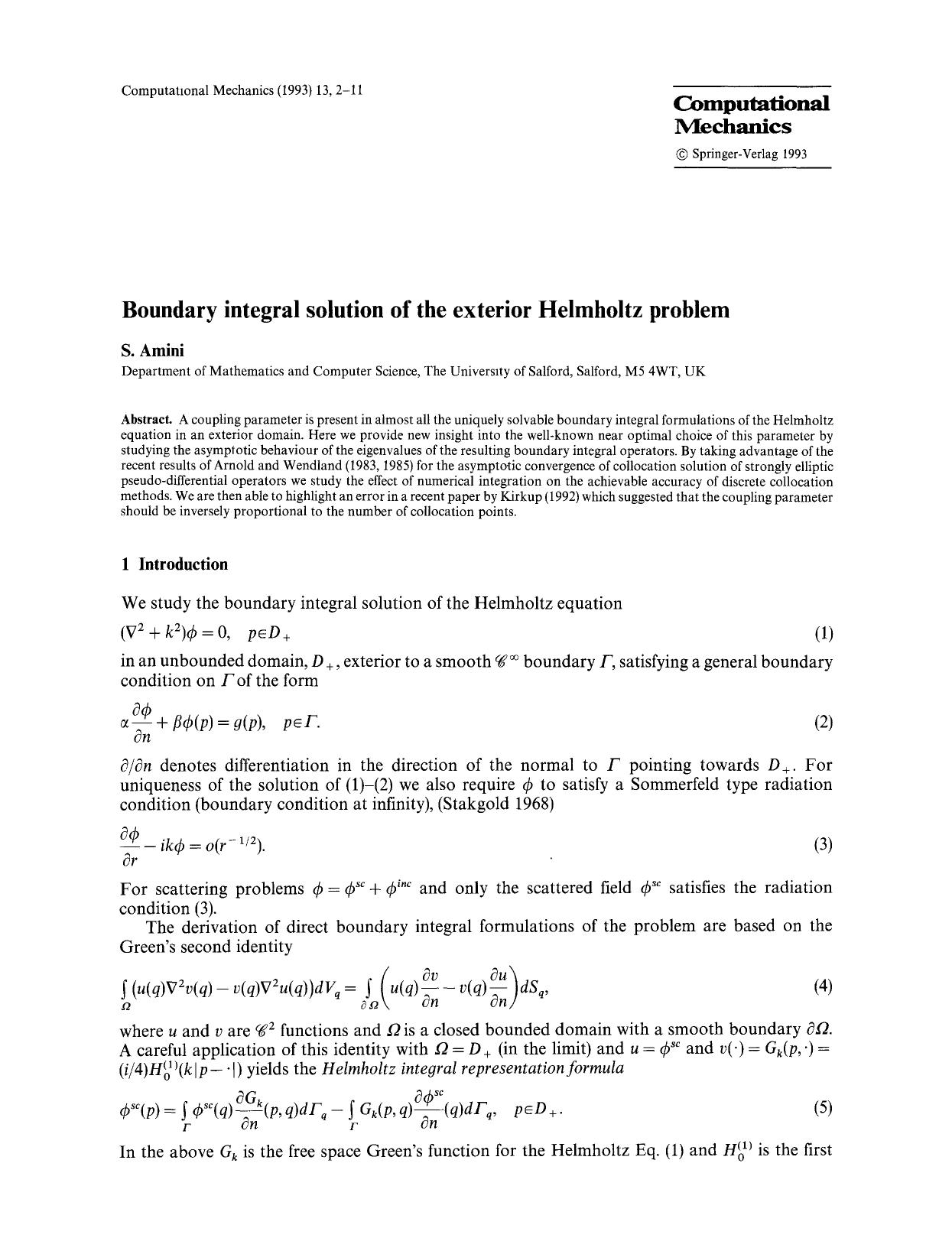 Boundary integral solution of the exterior Helmholtz problem by Unknown