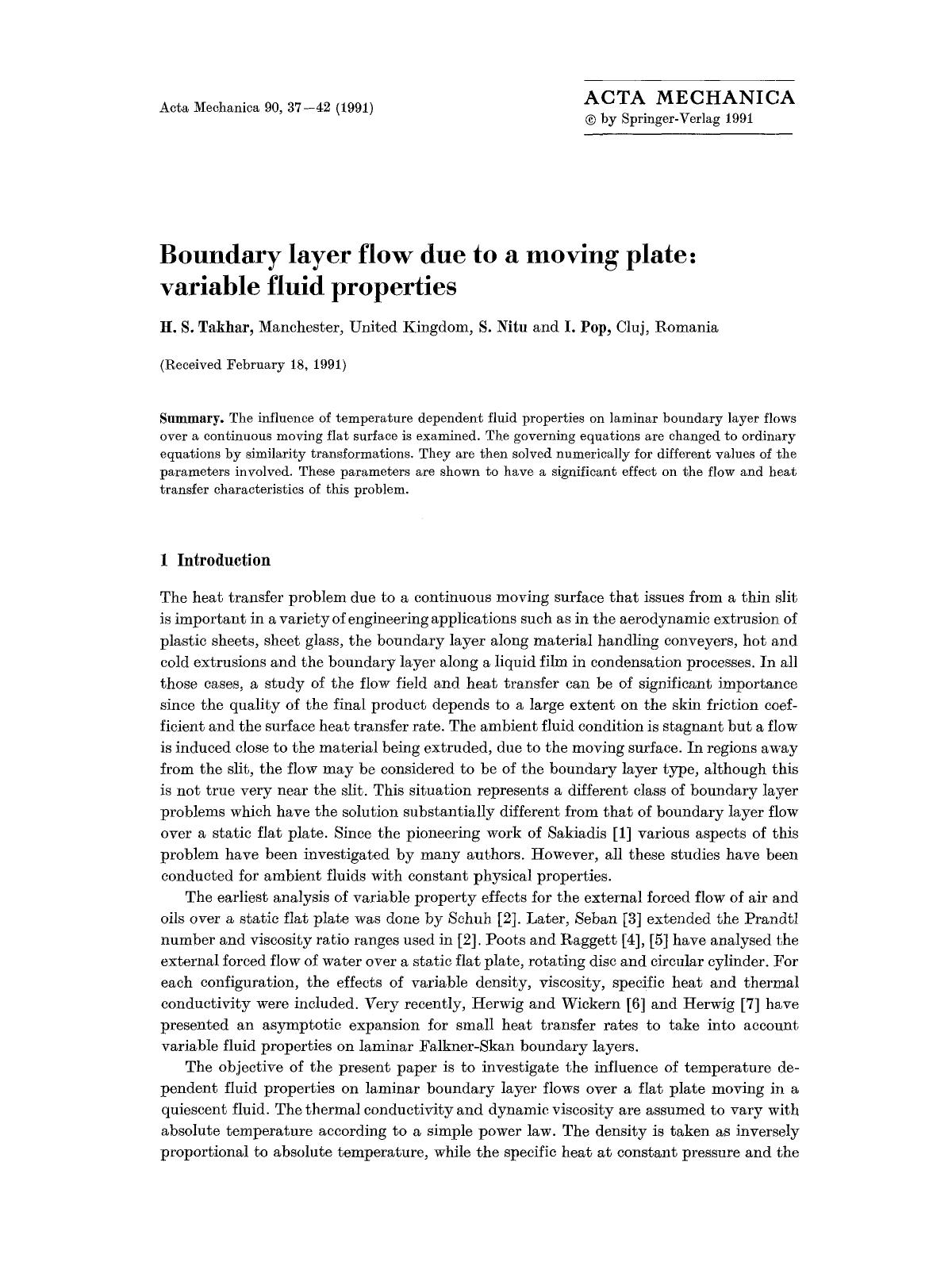 Boundary layer flow due to a moving plate: variable fluid properties by Unknown