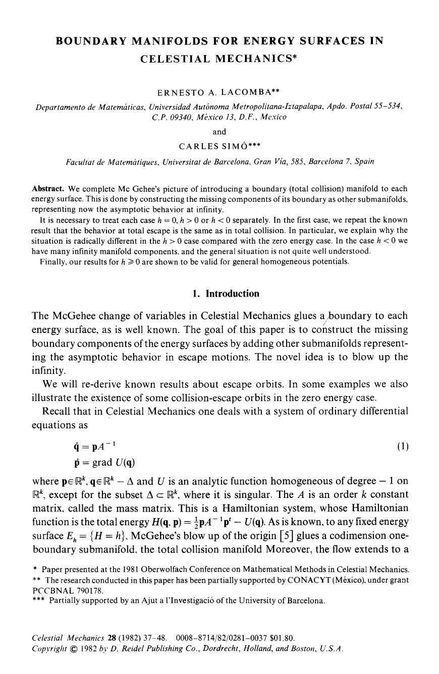 Boundary manifolds for energy surfaces in celestial mechanics by Unknown